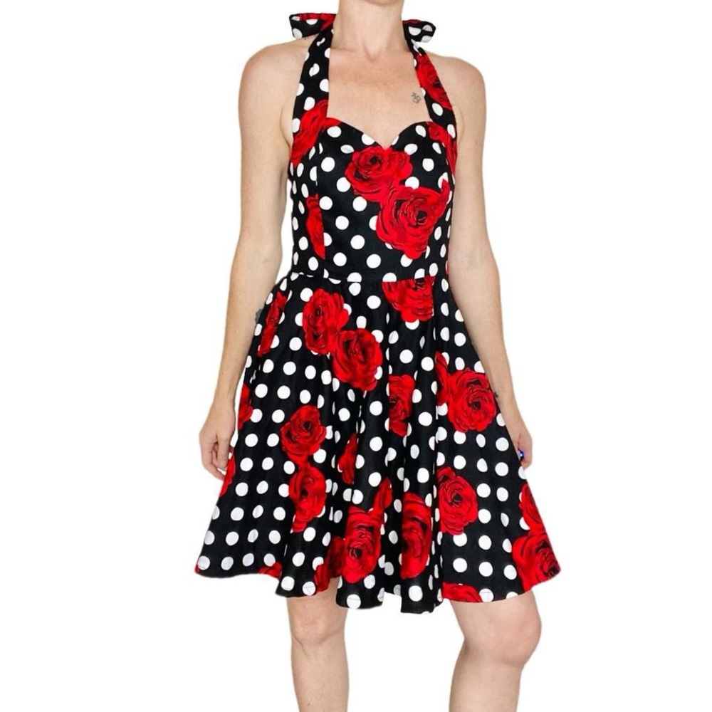 Belle Poque Red Black Polka Dot Rose Pin-Up Mini Halter Dress
